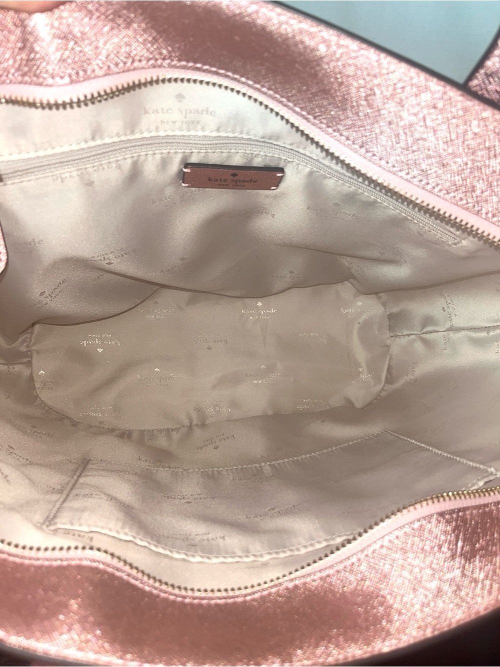 Kate Spade Large Pink Glitter Glimmer Tote w. Purple Butterfly - Picture 4 of 4